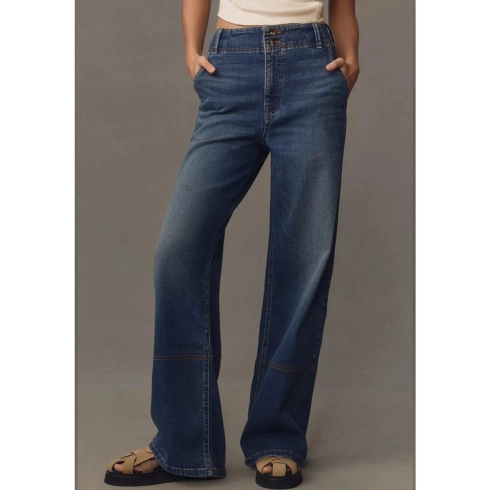 Anthropologie Wide-Leg Flare Jeans in Dark Blue Wash